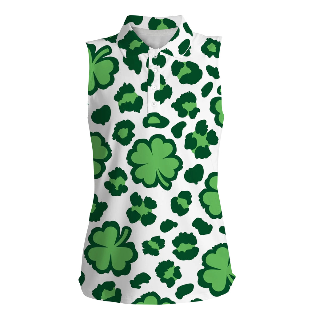 Funny sleeveless polo shirt clover leopard pattern St Patrick's Day golfing gifts