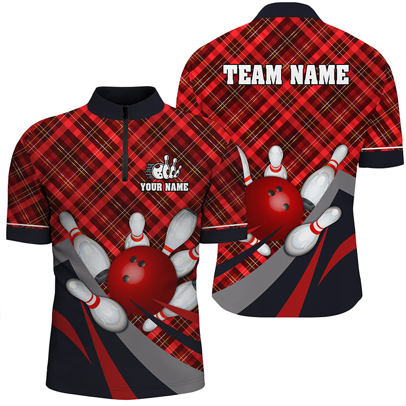 Red Plaid Christmas pattern Bowling shirts Custom Team Bowling Jerseys Xmas Gift For Bowlers