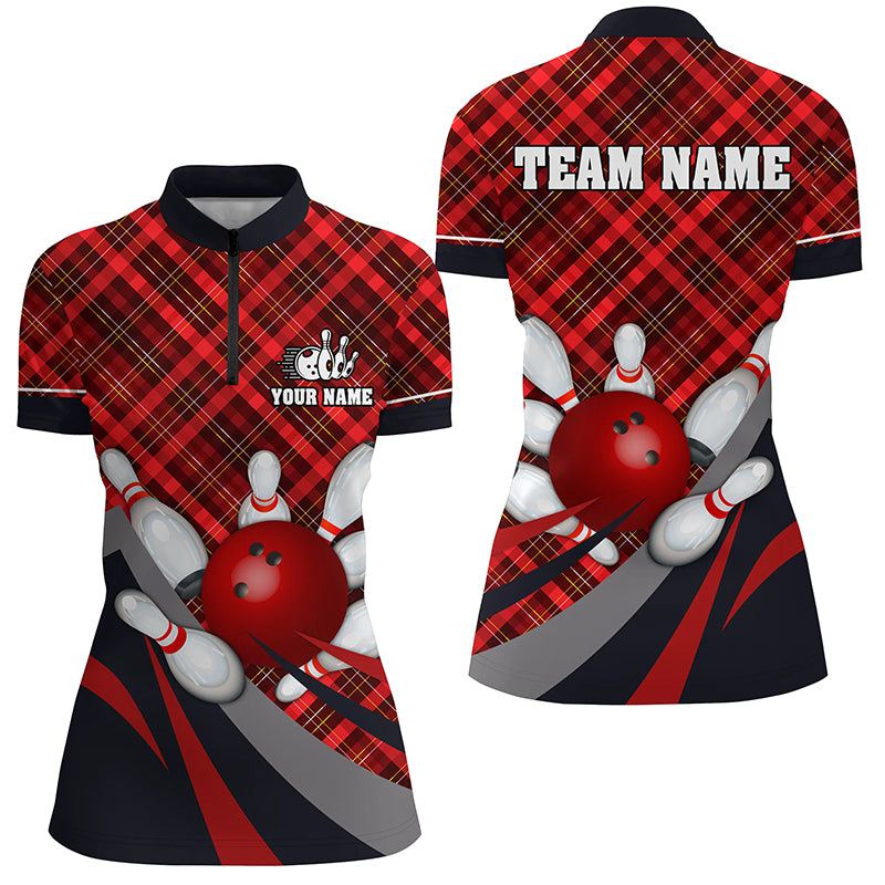 Red Plaid Christmas pattern Bowling shirts Custom Team Bowling Jerseys Xmas Gift For Bowlers