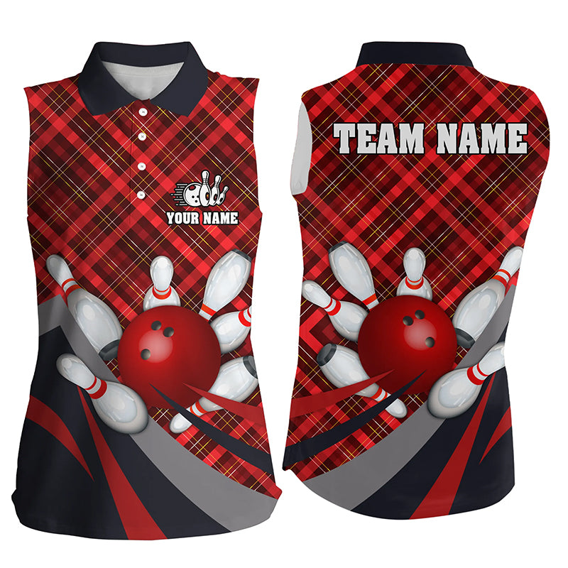 Red Plaid Christmas pattern Bowling Sleeveless Polo shirt Custom Team Bowling Jersey Xmas Gifts
