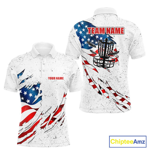 White Grunge American Flag Disc golf polo shirts Custom patriotic Team disc golf outfits