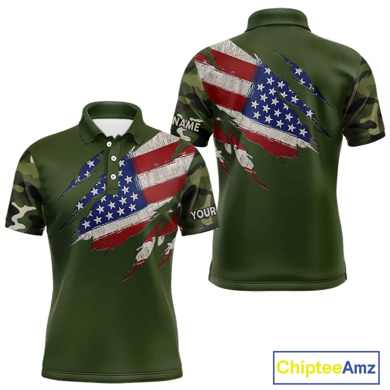 American Flag Green camo Golf polo shirts Custom patriotic golf attire