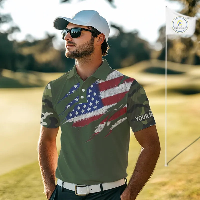 American Flag Green camo Golf polo shirts Custom patriotic golf attire