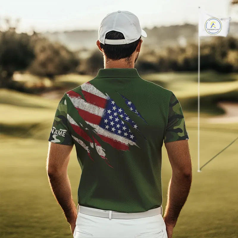 American Flag Green camo Golf polo shirts Custom patriotic golf attire