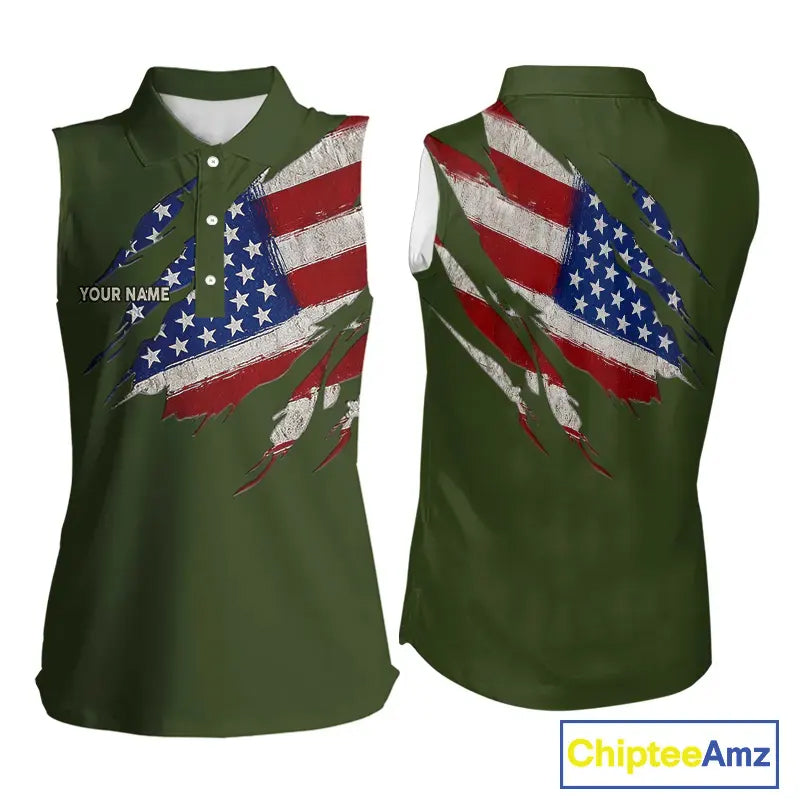 American Flag Green camo Sleeveless polo shirt Custom patriotic golf attire