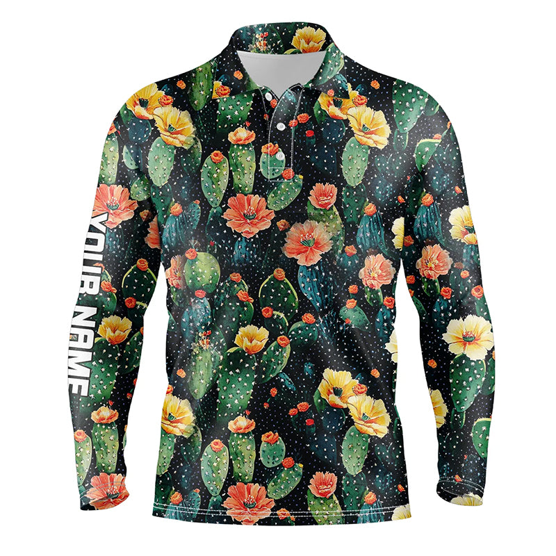 Personalized colorful cactus flower pattern golf polo shirts custom cactus golf shirt