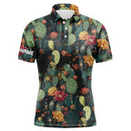 Personalized green cactus flower pattern golf polo shirts custom cactus golf shirt, golfer gifts