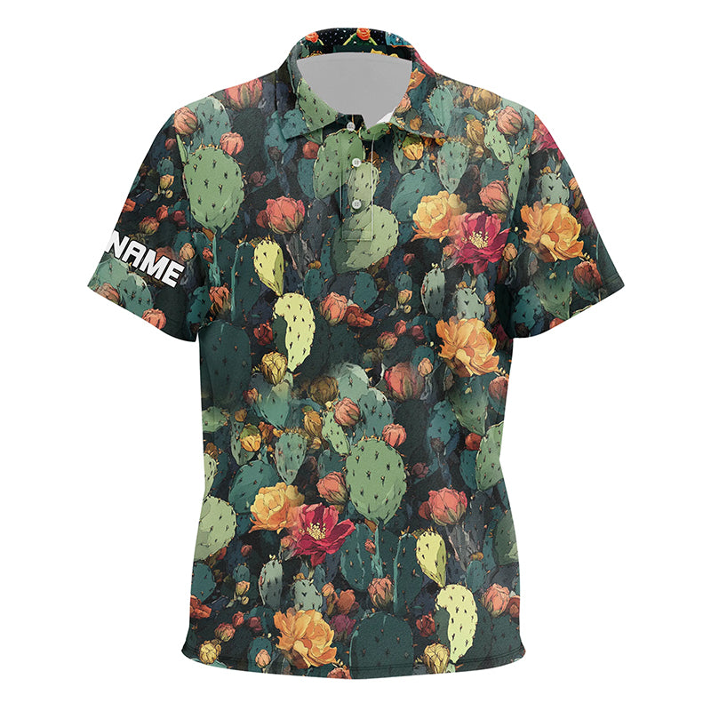 Personalized green cactus flower pattern golf polo shirt custom cactus golf shirt, golfer gifts