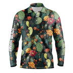 Personalized green cactus flower pattern golf polo shirts custom cactus golf shirt, golfer gifts