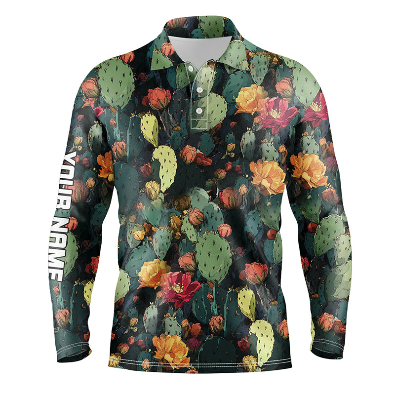 Personalized green cactus flower pattern golf polo shirts custom cactus golf shirt, golfer gifts