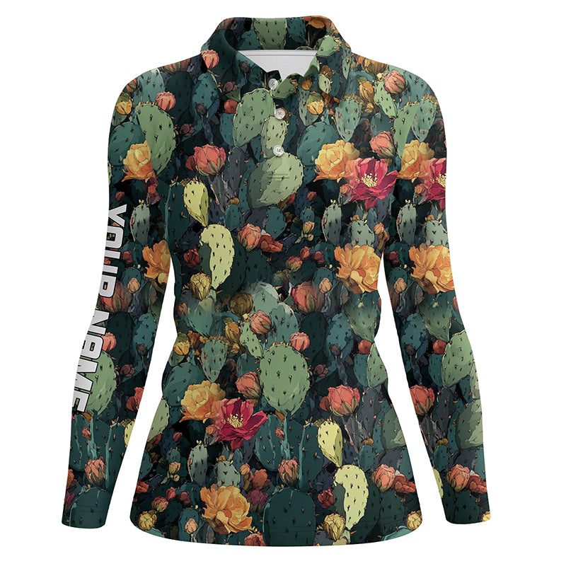 Personalized green cactus flower pattern golf polo shirts custom cactus golf shirt, golfer gifts