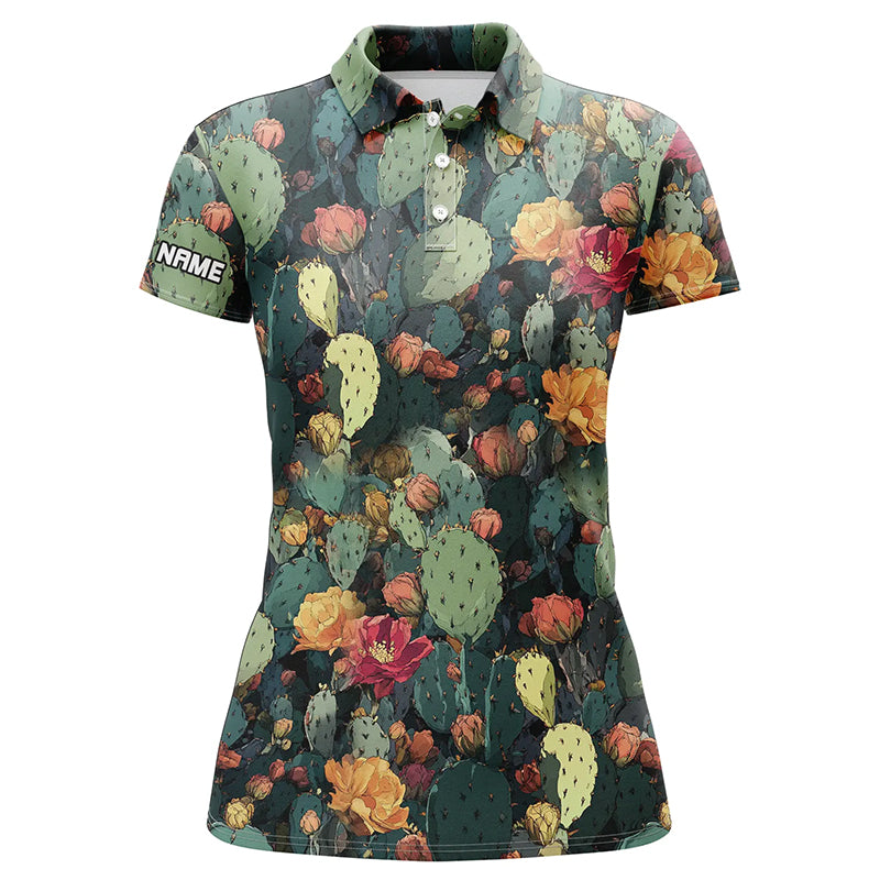 Personalized green cactus flower pattern golf polo shirts custom cactus golf shirt, golfer gifts