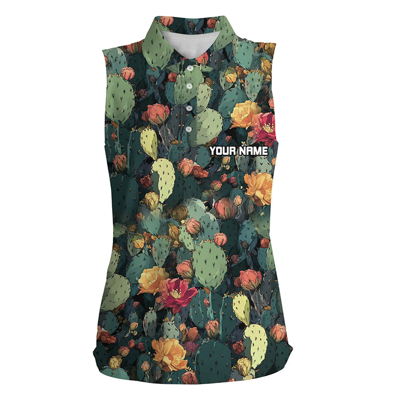 Personalized green cactus flower pattern sleeveless polo shirt custom cactus golf shirt