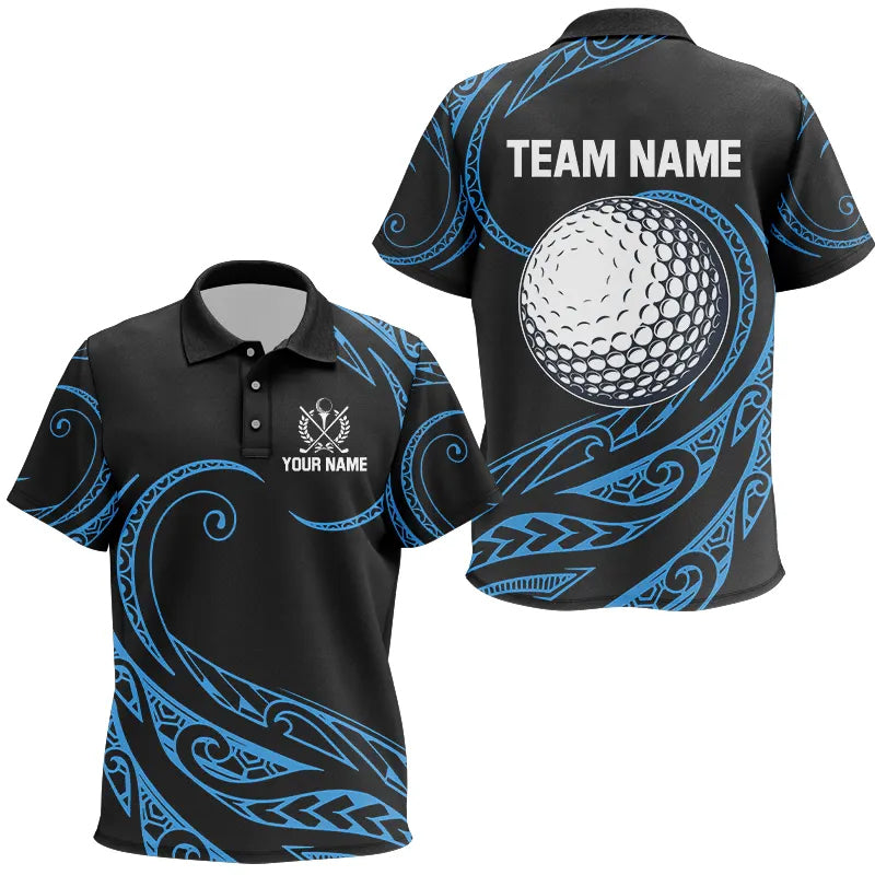Black and Blue Tribal Pattern Golf Ball Golf Polo Shirts custom unique golf apparel
