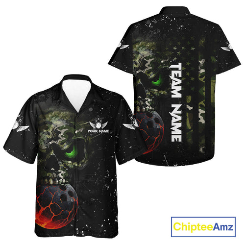 Black and Green Camo grunge American Flag Skull Bowling Hawaiian Shirt Custom Bowling Team jerseys