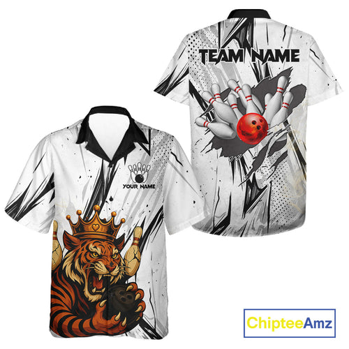 Black and White Tiger Bowling Hawaiian Shirt Custom Tiger Bowling Team button up shirt