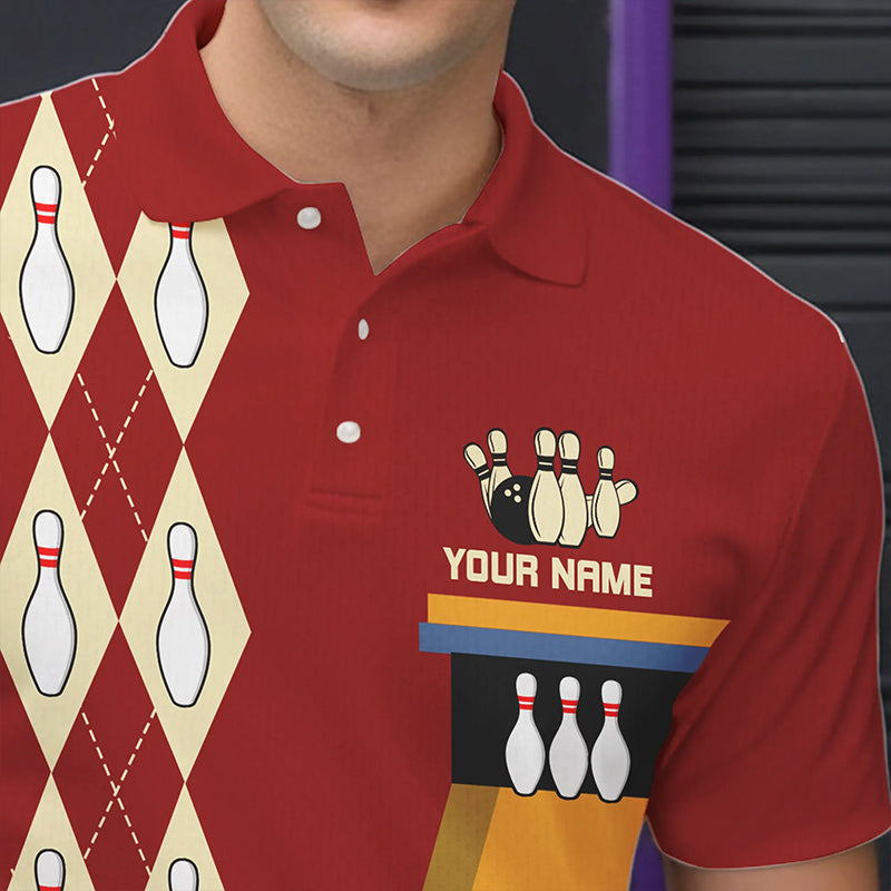 Red & Yellow Retro Bowling Polo, Quarter Zip shirt Custom vintage team bowling jersey