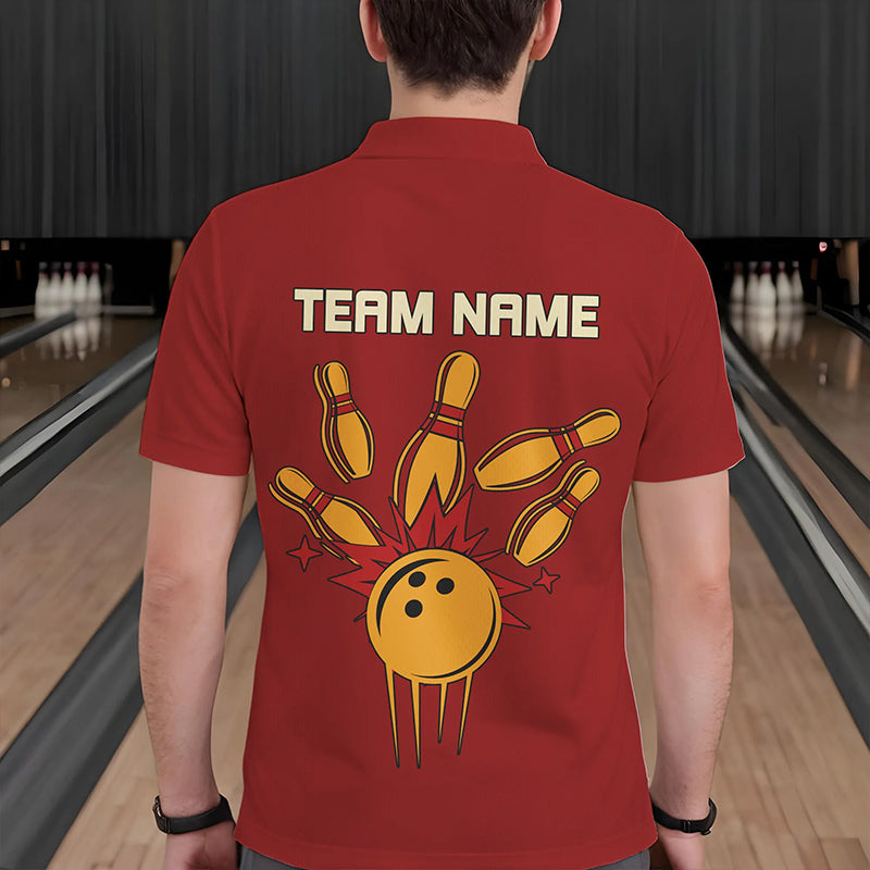 Red & Yellow Retro Bowling Polo, Quarter Zip shirt Custom vintage team bowling jersey