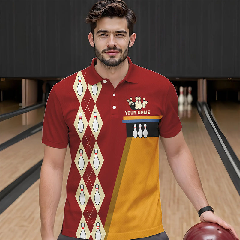 Red & Yellow Retro Bowling Polo, Quarter Zip shirt Custom vintage team bowling jersey