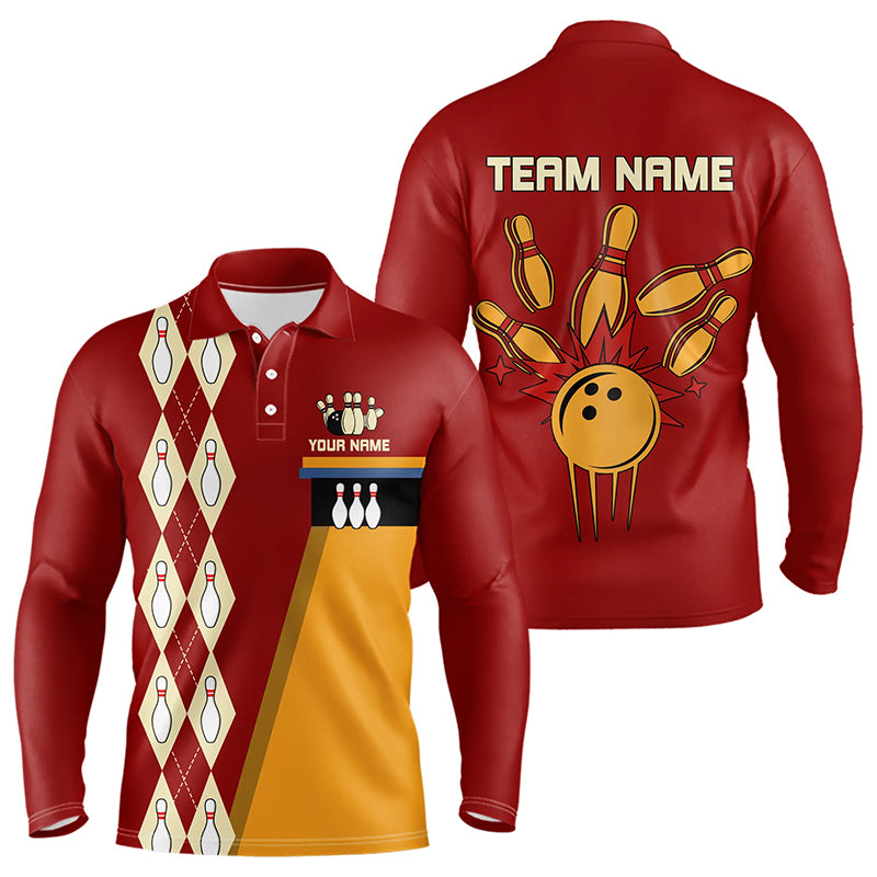 Red & Yellow Retro Bowling Polo, Quarter Zip shirt Custom vintage team bowling jersey