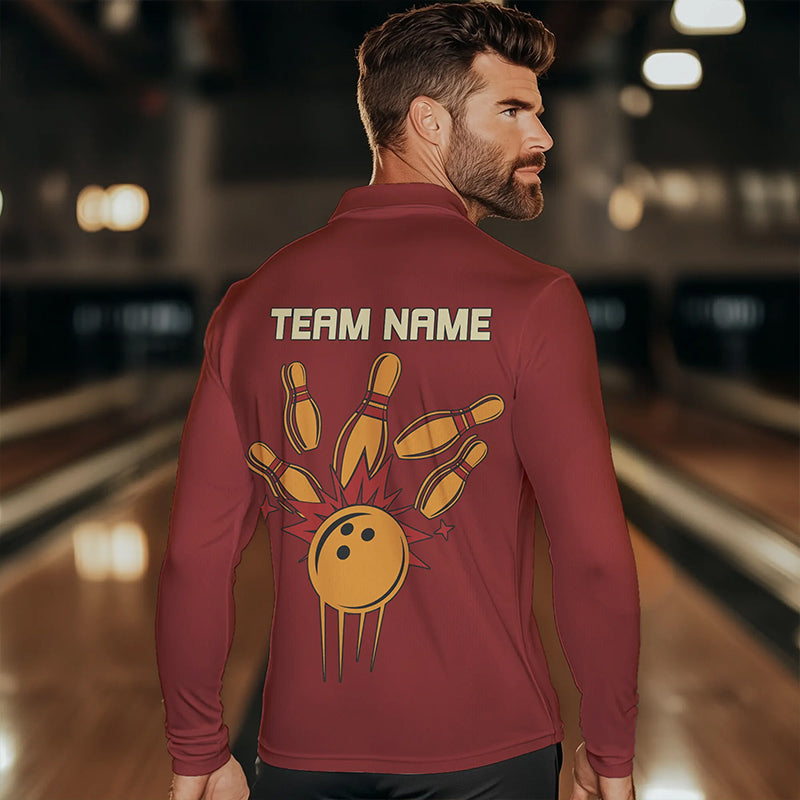 Red & Yellow Retro Bowling Polo, Quarter Zip shirt Custom vintage team bowling jersey