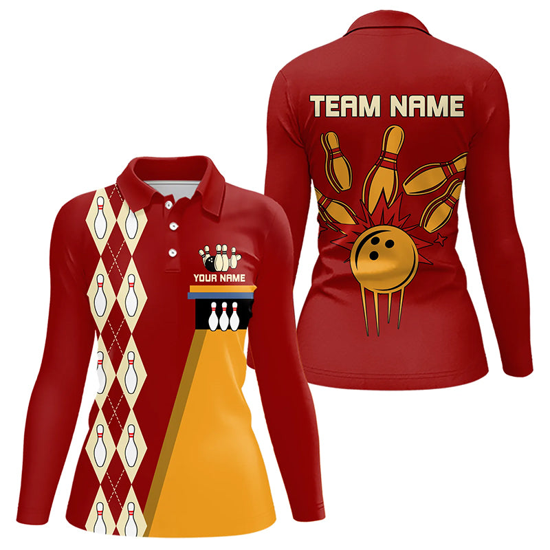 Red & Yellow Retro Bowling Polo, Quarter Zip shirt Custom vintage team bowling jersey