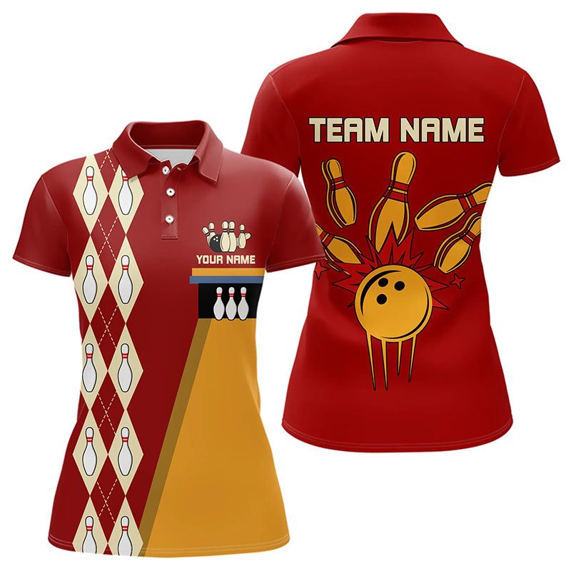 Red & Yellow Retro Bowling Polo, Quarter Zip shirt Custom vintage team bowling jersey