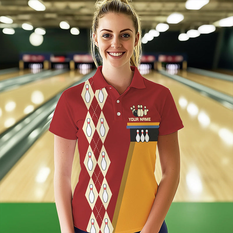 Red & Yellow Retro Bowling Polo, Quarter Zip shirt Custom vintage team bowling jersey