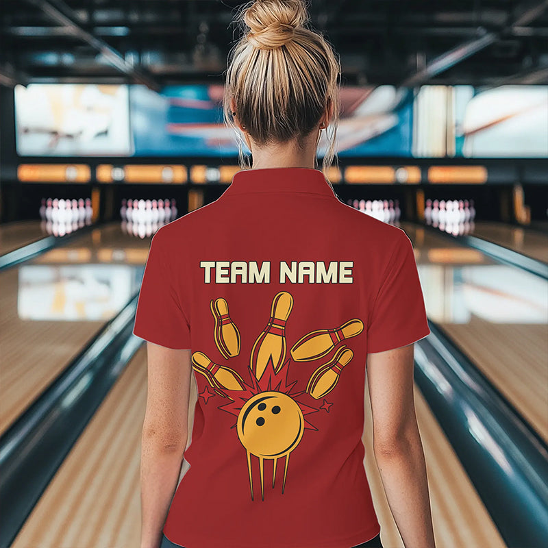 Red & Yellow Retro Bowling Polo, Quarter Zip shirt Custom vintage team bowling jersey