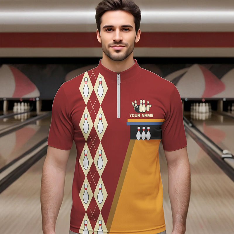 Red & Yellow Retro Bowling Polo, Quarter Zip shirt Custom vintage team bowling jersey