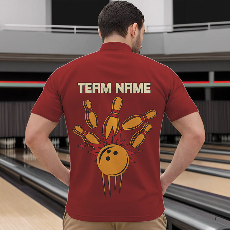 Red & Yellow Retro Bowling Polo, Quarter Zip shirt Custom vintage team bowling jersey