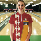 Red & Yellow Retro Bowling Polo, Quarter Zip shirt Custom vintage team bowling jersey