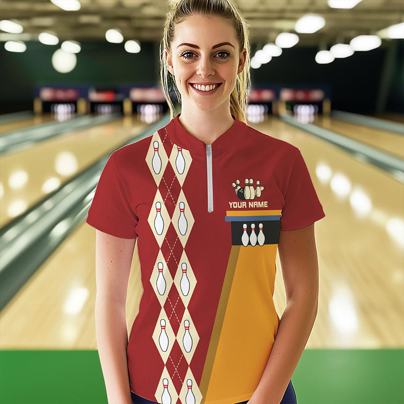 Red & Yellow Retro Bowling Polo, Quarter Zip shirt Custom vintage team bowling jersey