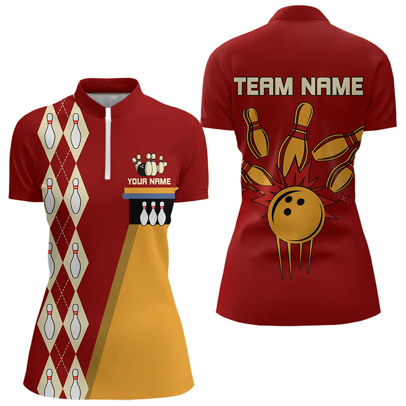 Red & Yellow Retro Bowling Polo, Quarter Zip shirt Custom vintage team bowling jersey