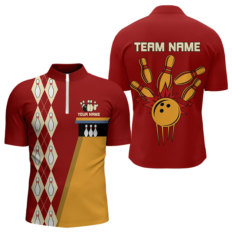 Red & Yellow Retro Bowling Polo, Quarter Zip shirt Custom vintage team bowling jersey