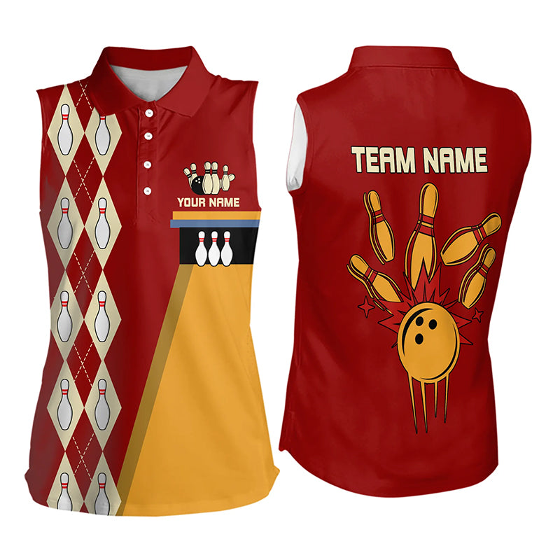 Red & Yellow Retro Sleeveless Polo Shirt Custom vintage team bowling jersey