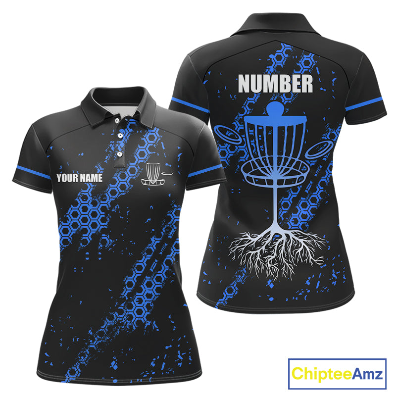 Black and Blue Hexagon Pattern Disc golf polo shirts custom Team disc golf jerseys