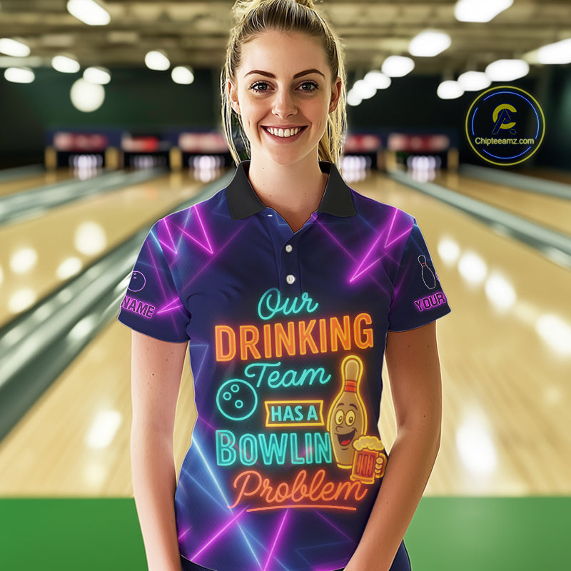 Our Drinking Team has a bowling problem Custom colorful neon funny bowling and beer shirts