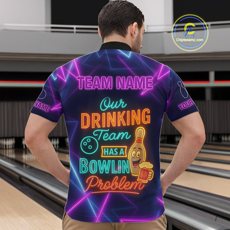 Our Drinking Team has a bowling problem Custom colorful neon funny bowling and beer shirts