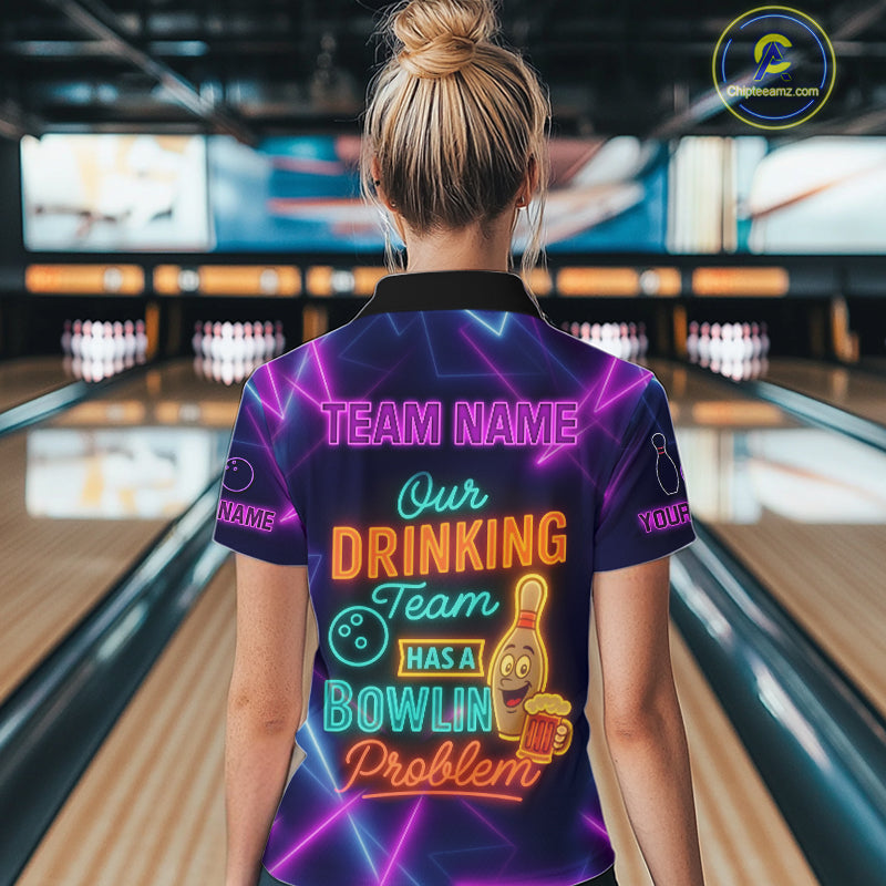 Our Drinking Team has a bowling problem Custom colorful neon funny bowling and beer shirts