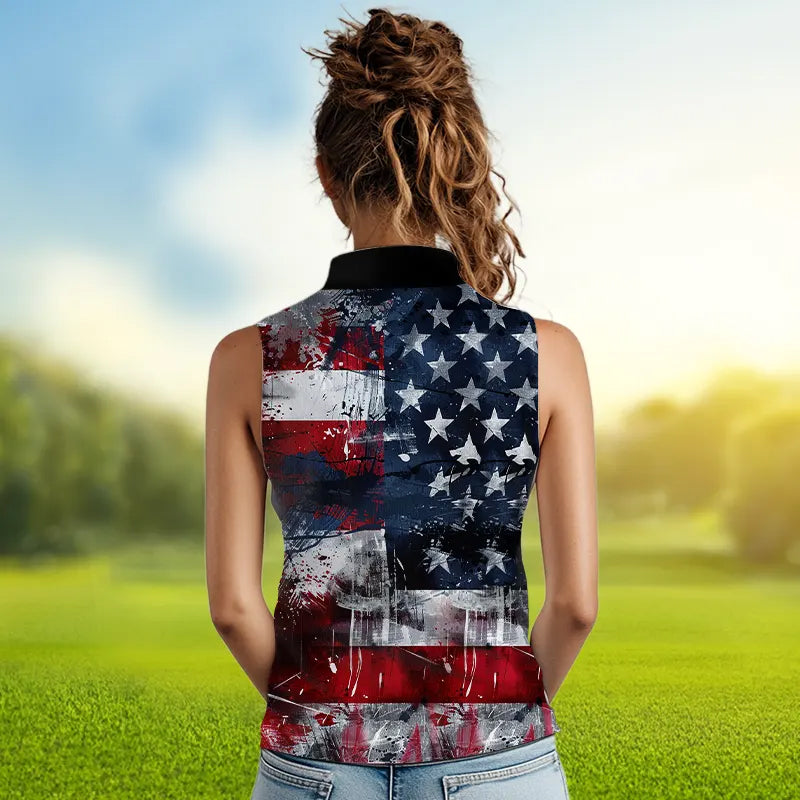 Personalized Sleeveless Polo shirts custom grunge American Flag patriotic golf wears