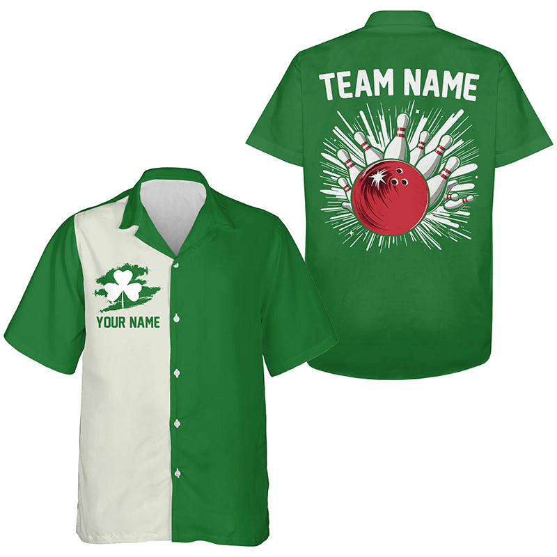 Green lucky clover retro hawaiian shirts custom St Patrick Day team bowling button up shirts
