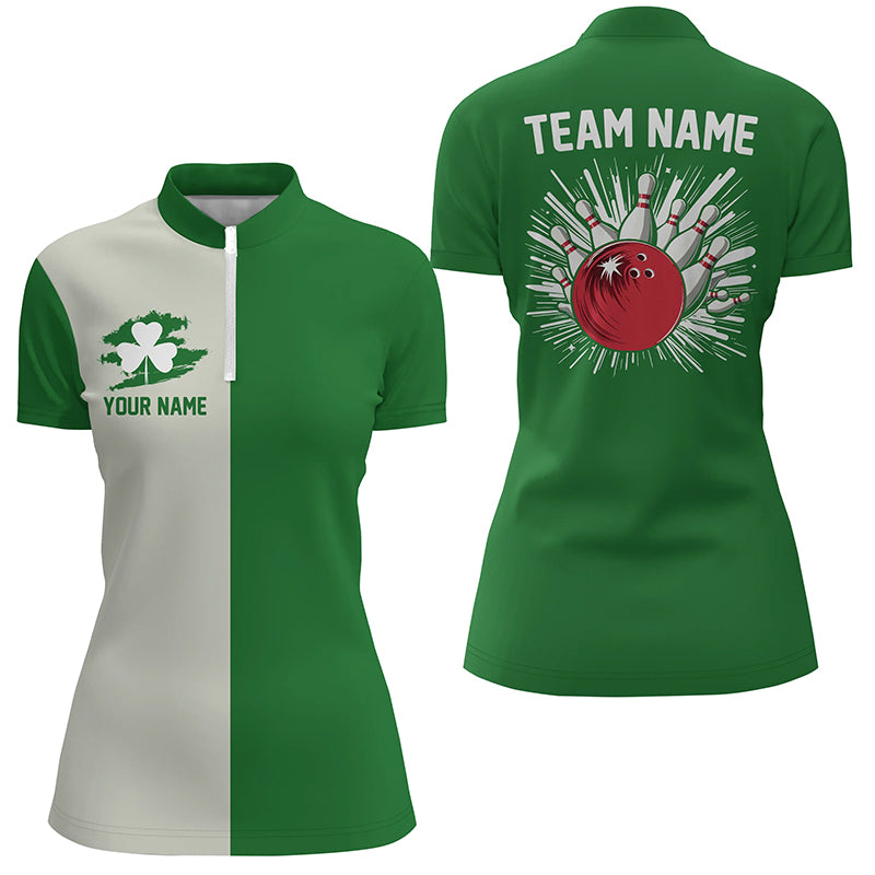 Green lucky clover retro Bowling Quarter Zip shirt custom St Patrick Day team bowling jerseys