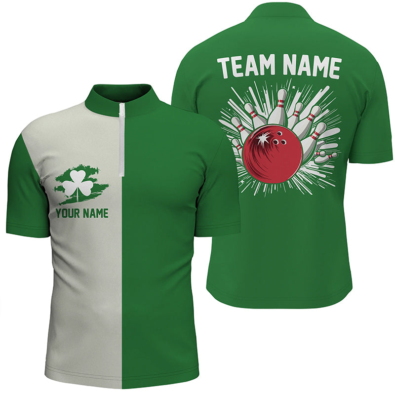 Green lucky clover retro Bowling Quarter Zip shirt custom St Patrick Day team bowling jerseys