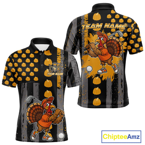 Funny Golf Polo Shirts Custom Pumpkin American Flag Turkey Thanksgiving golf shirt
