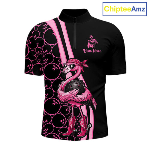 Funny Cute Pink Flamingo Custom Black and Pink Bowling Shirts, Flamingo Bowling Team Outfits