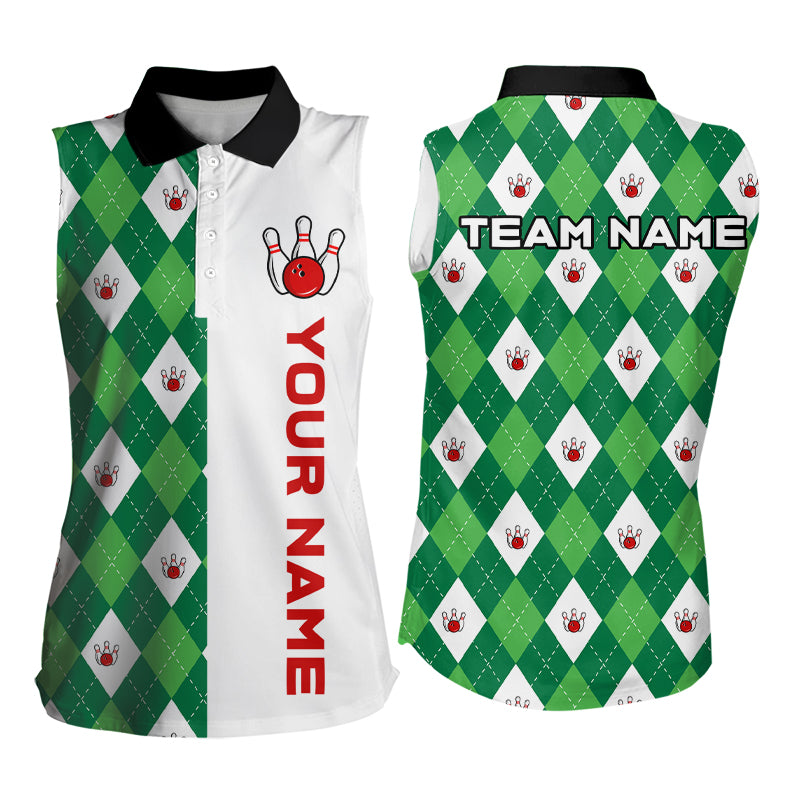 Personalized White and Green argyle pattern Bowling Sleeveless Polo Shirt custom Bowling Team Jerseys