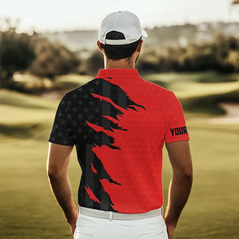 Personalized golf polos shirts custom red golf ball skin black American flag golf apparel
