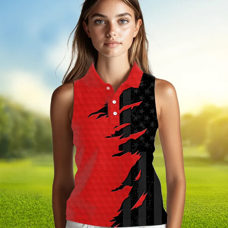 sleeveless golf polos shirts red golf ball skin black American flag golf apparel