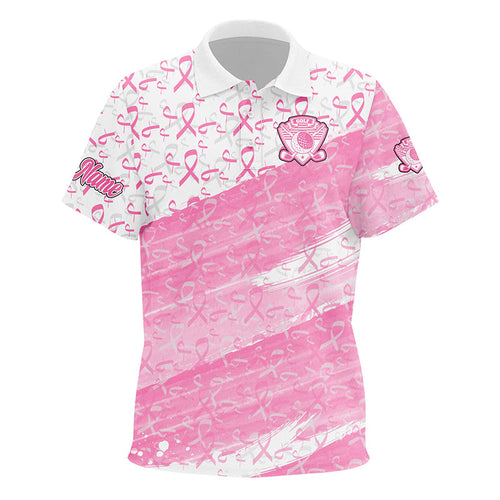 golf polo shirts custom white and pink ribbon pattern Breast Cancer awareness golf attire